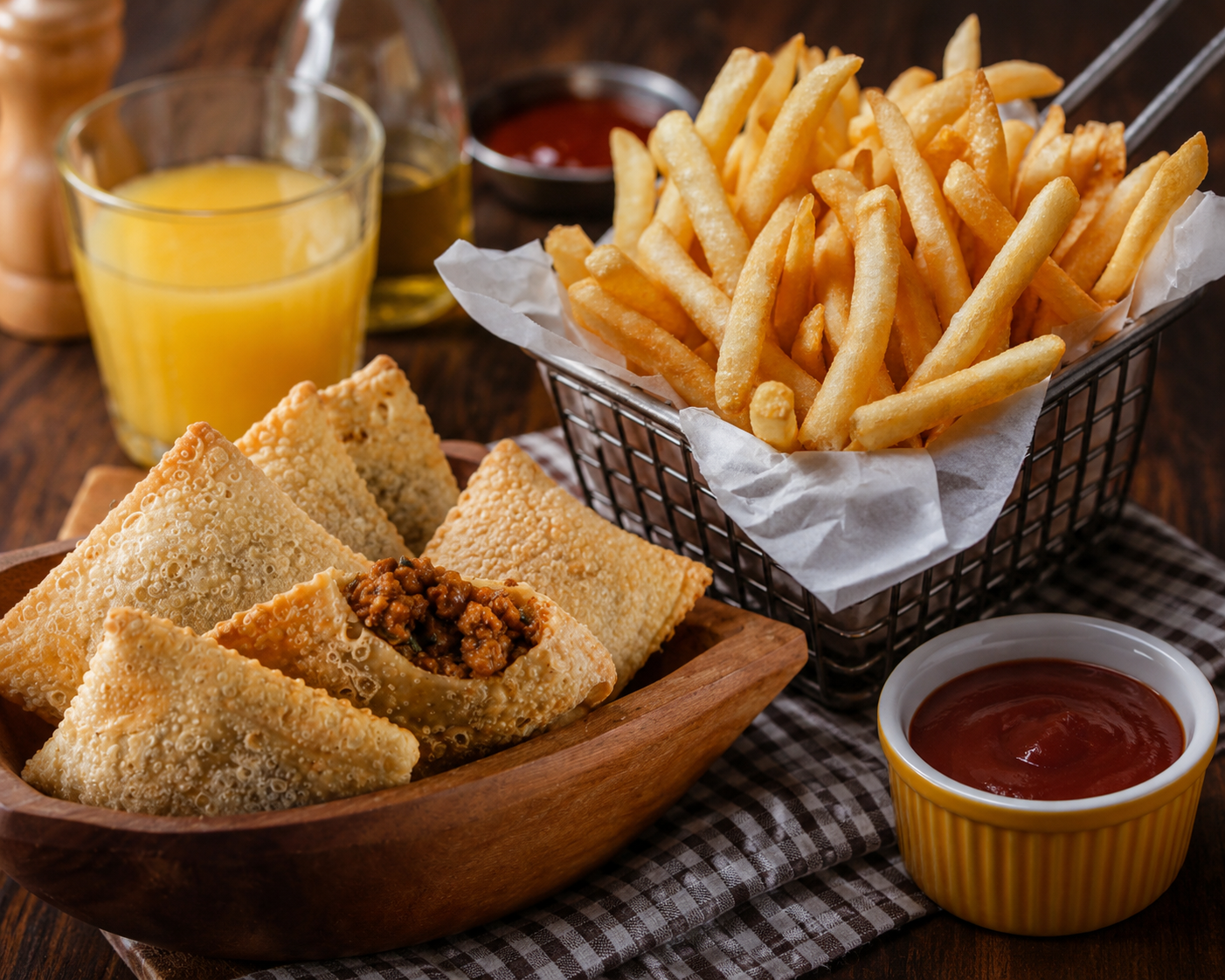 Porções de Batata e Pastel